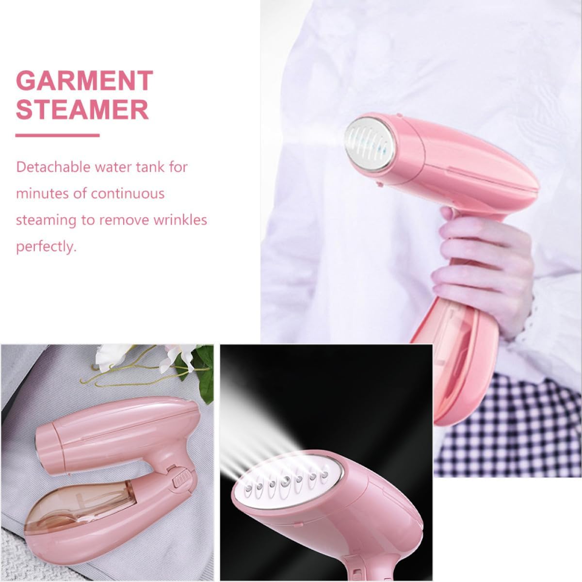 Homoyoyo Handheld Garment Steamer Electric Clothes Steaming Machine with Detachable Water Tank Portable Travel Steam Iron for Home Use 110V English Two-Prong Plug Pink
