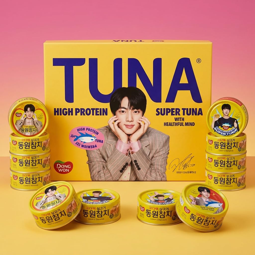 Dongwon BTS Jin Special Edition Tuna 12-Pack Gift Set – Limited Collectible Cans + 2 Stickers, High-Protein Korean Light Standard Tuna, Official K-Pop Merchandise, Premium Gift Box (150g x 12)
