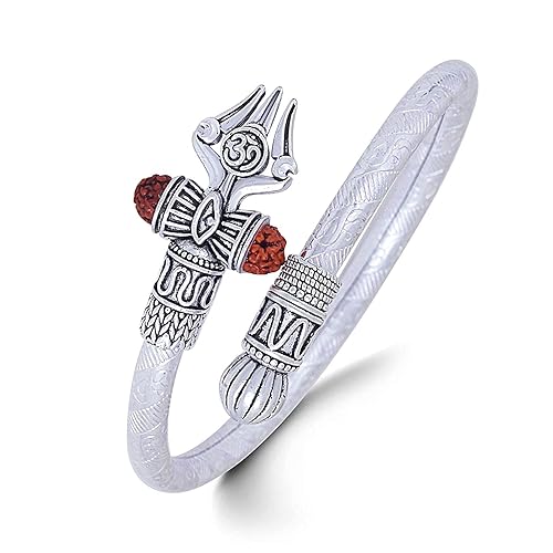 Emartos Brass Metal Rudraksha Shiv OM Trishul Damroo Silver Adjustable Free Size Rakhi Kada Bracelets Brothers Boys Bhaiya for Unisex Adult (Silver)