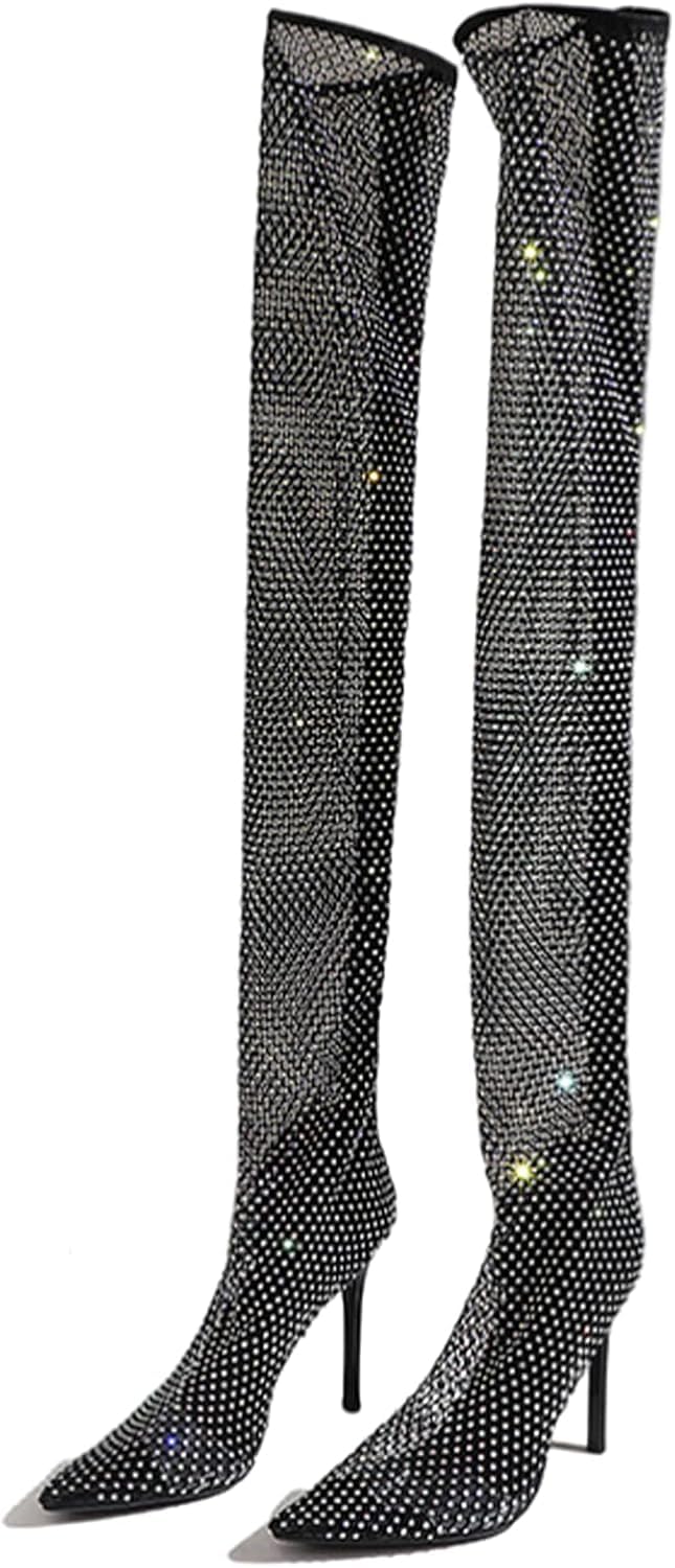 Sexy Overknee-Stiefel Mit Spitzer Zehenpartie Und Hohem Absatz Für Damen, Fetisch-high-Heels, Modische Sandalen Mit Hohlem Strasssteinen Und Stilettoabsatz, Black, 45 EU