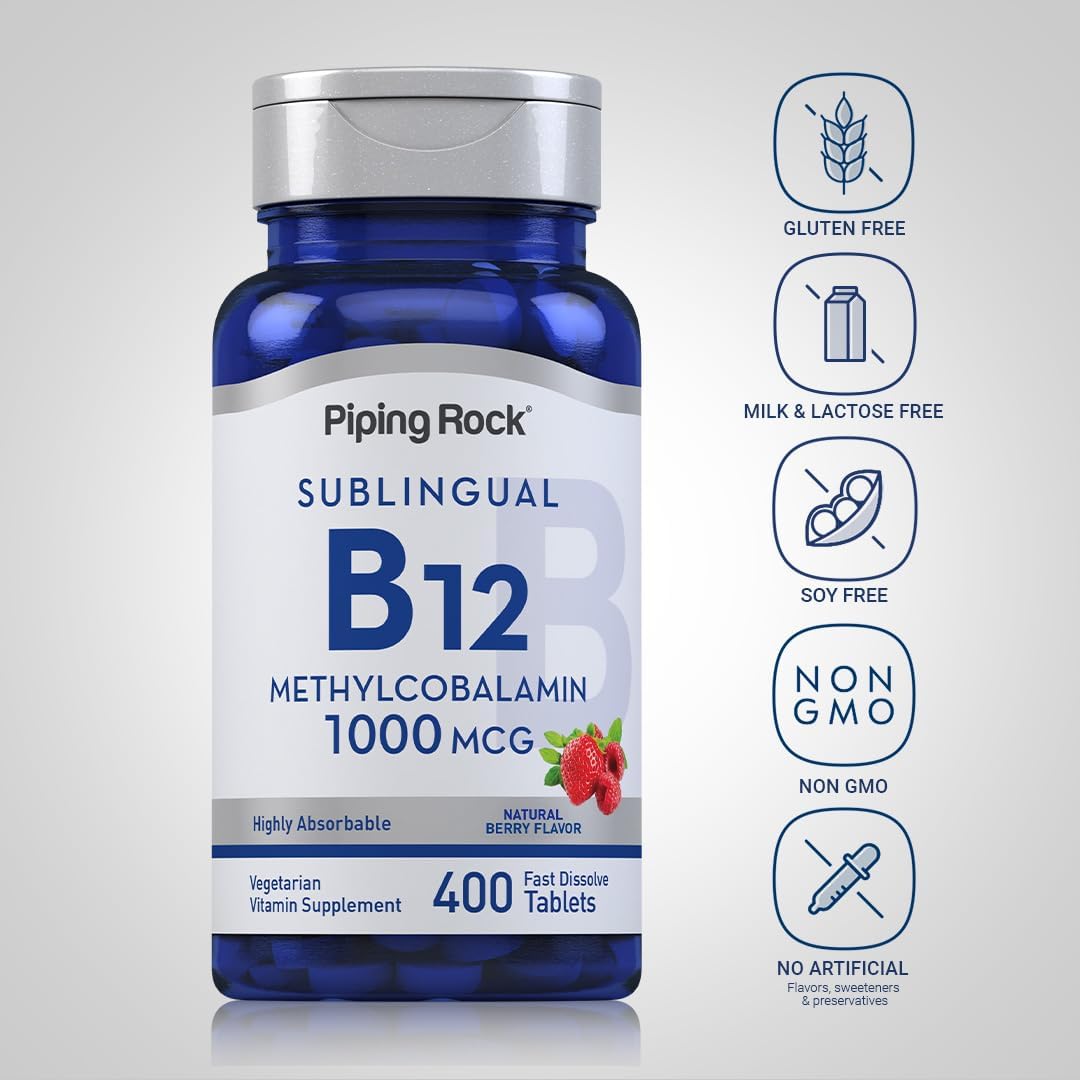 Piping Rock Vitamin B12 Sublingual Tablets | 1000 mcg | 400 Pills | Methylcobalamin Supplement for Women and Men | Berry Flavor | Vegetarian, Non-GMO, Gluten Free