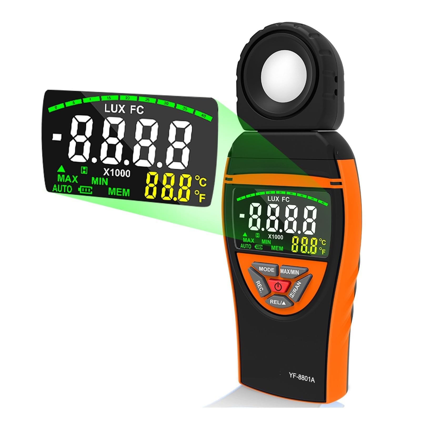 Luxómetro Portátil, Medidor de lux digital BT-8801A Probador de intensidad de luz portátil de 1 a 400 000 lux
