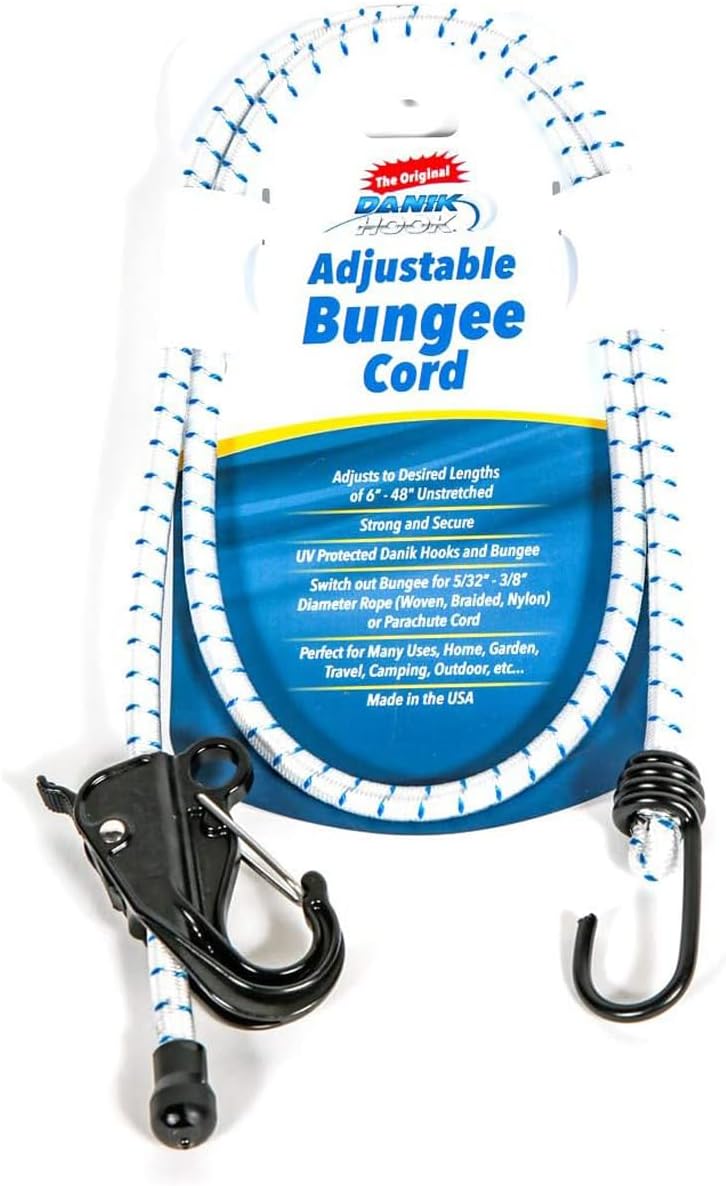 Danik Hook Adjustable Bungee Cord with Danik Hook Mini Composite Hook, Easy to Use, Adjusts from 6” - 48” in Length