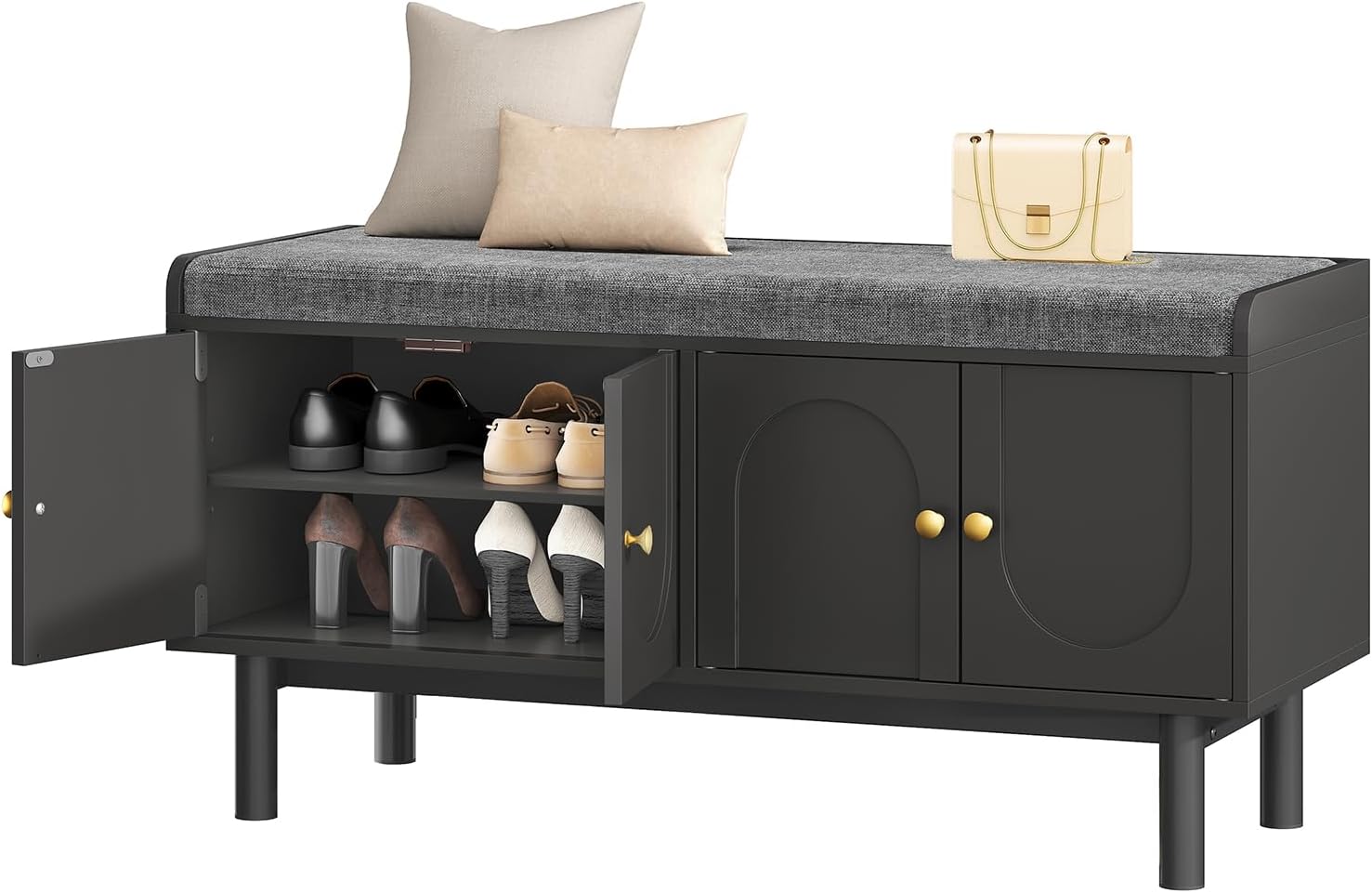Shoe Storage Bench, 2-Tier Entryway Bench with Cushion, 15" D x 39.4" W x 19.7" H, Shoe Cabinet Bench with 4 Doors and Adjustable Shelves, for Entryway, Hallway, Bedroom, Living Room, Black
