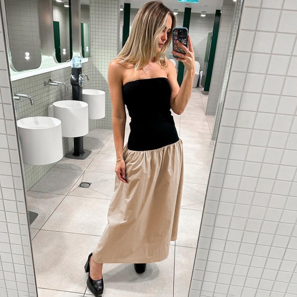 YOXUA Women's Summer Strapless Sleeveless Patchwork A-Line Tube Long Maxi Dress Off Shoulder Beach Maxi Dress - Image 2