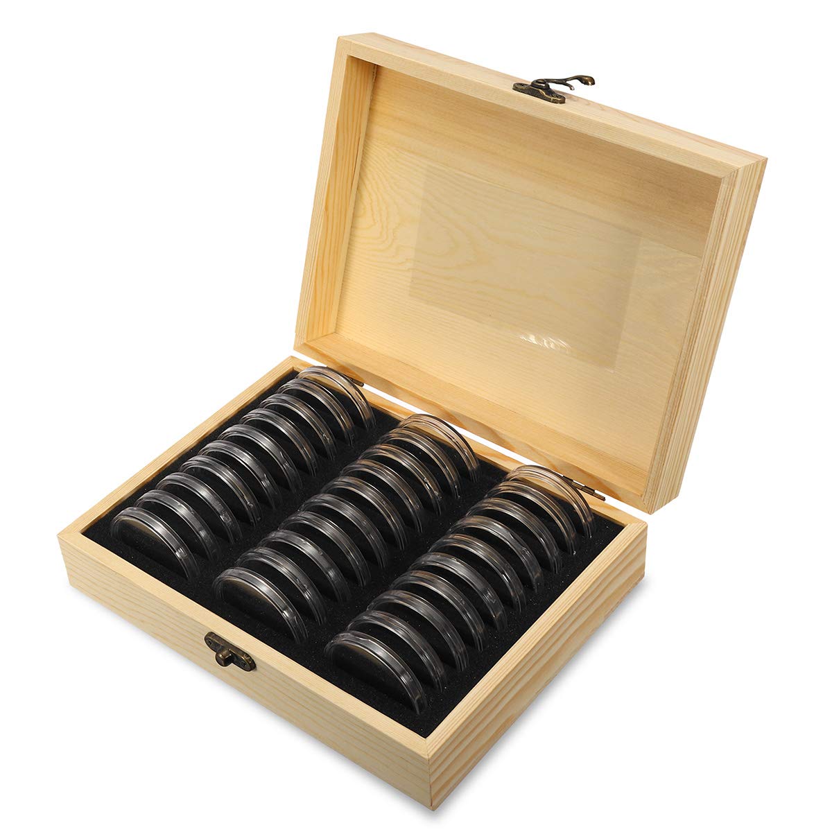CCChaRLes Caja De Madera Del Soporte De La Pantalla De La Moneda Con 30Pcs 51.5Mm Redondo Losa Certificadas Cápsulas