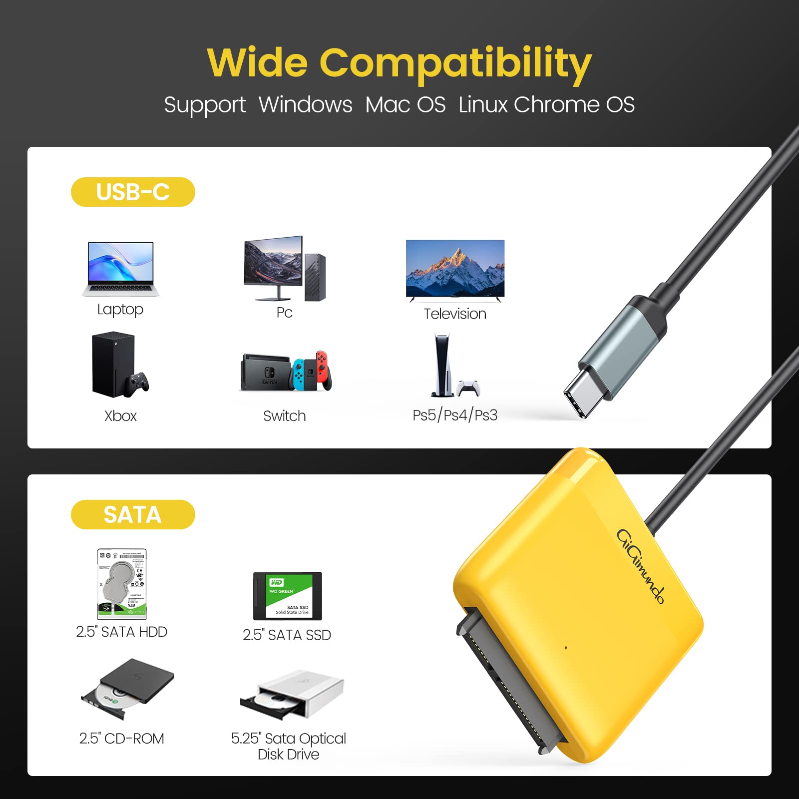 Adaptateur USB 3.0 Vers SATA 2.5" – 5 Gbit/s UASP, Pour HDD/SSD Externe, Plug & Play