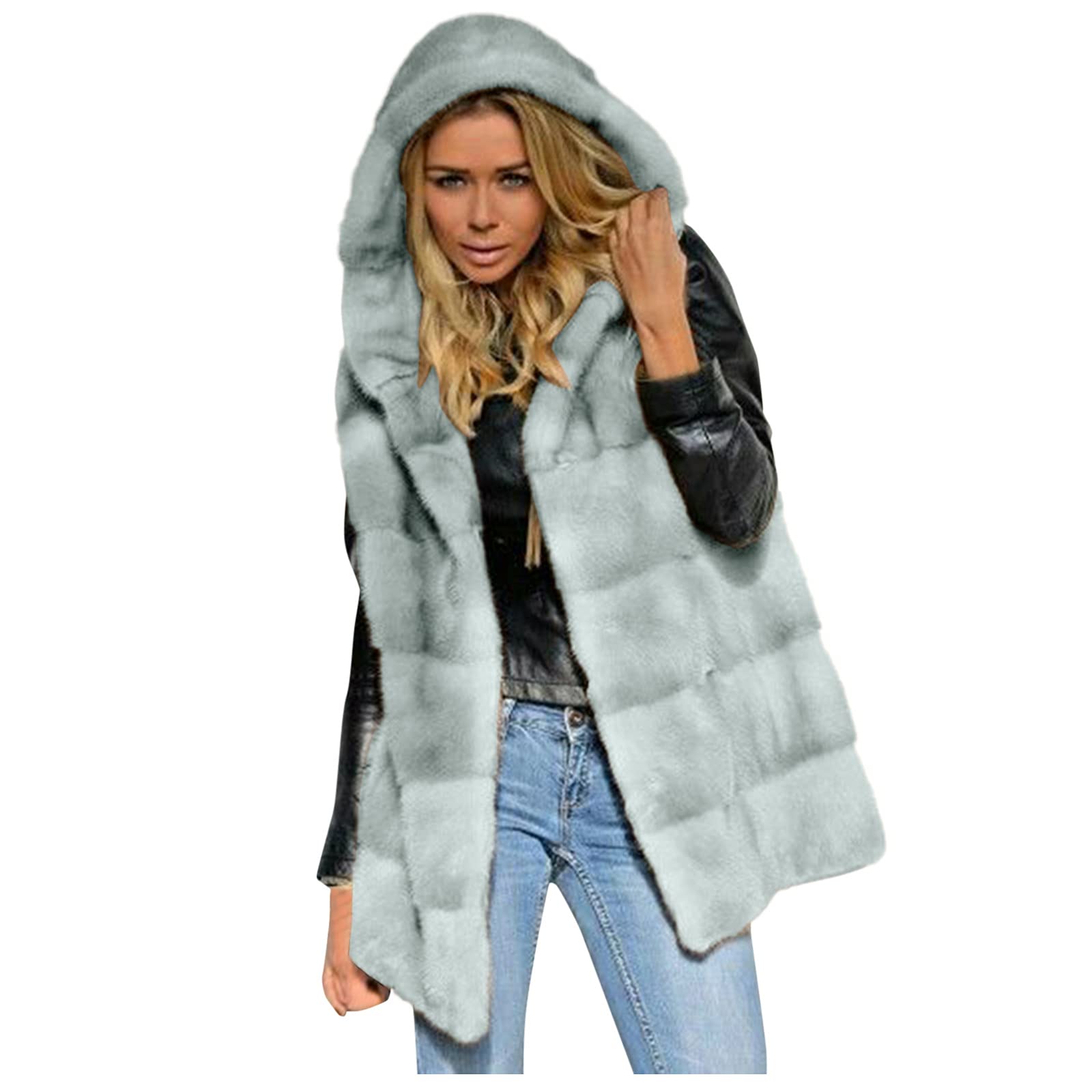 Gilet in pelliccia da donna, da donna, in pelliccia sintetica, elegante, con cappuccio, grigio., S