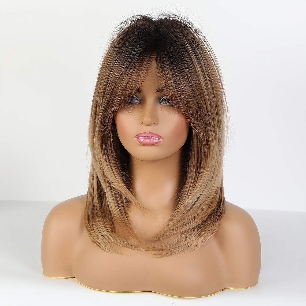 Long Ombre Brown Wigsfor Women Long Curly Heat Resistant Synthetic Wigs with Bangs, Ombre Borwn1, 20 Inch (Pack of 1) - Image 5