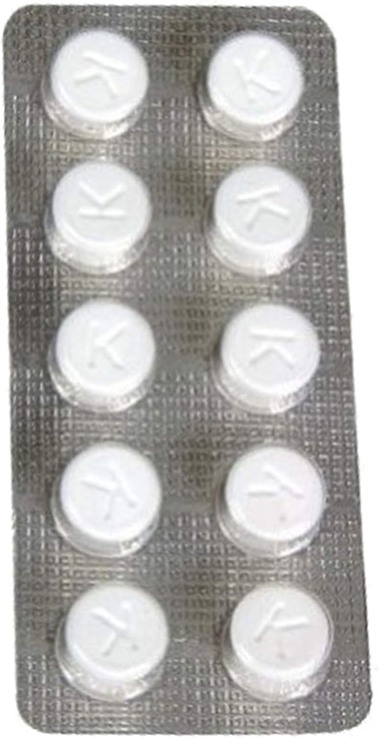 Close-up of a blister pack containing ten Krups cleaning tablets, each marked with a 'K'.