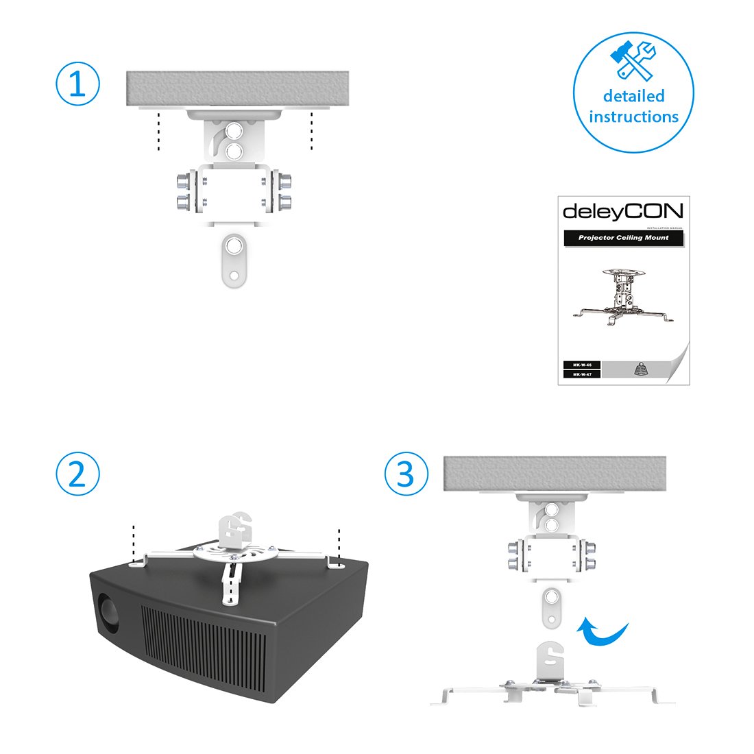 deleyCON Universal Beamerhalterung Projektor Deckenhalterung - Neigbar +-15° - 360° Schwenkbar - bis 13,5Kg Belastbar - mit Kabelführung - Weiß
