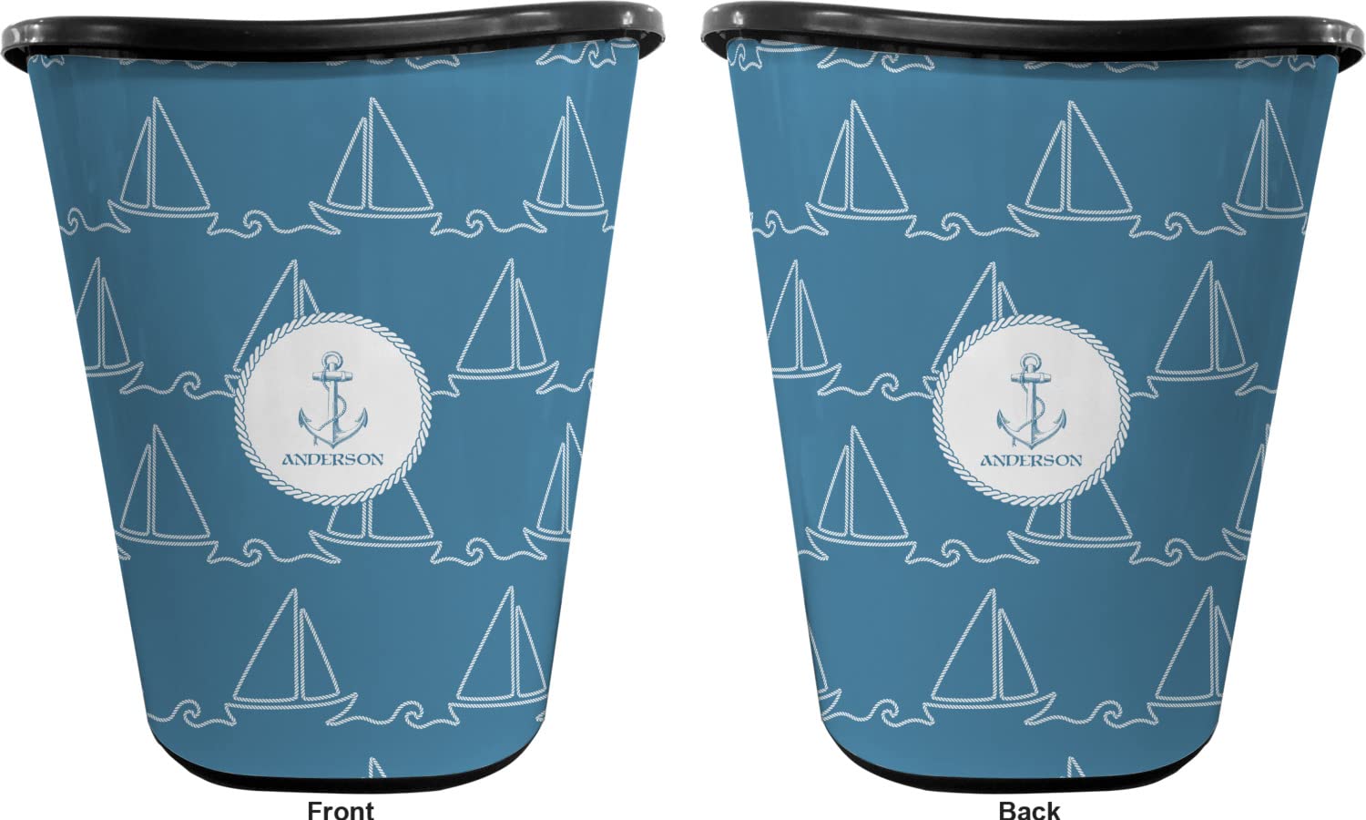 RNK Shops Personalized Rope Sail Boats Waste Basket - Double Sided (Black)