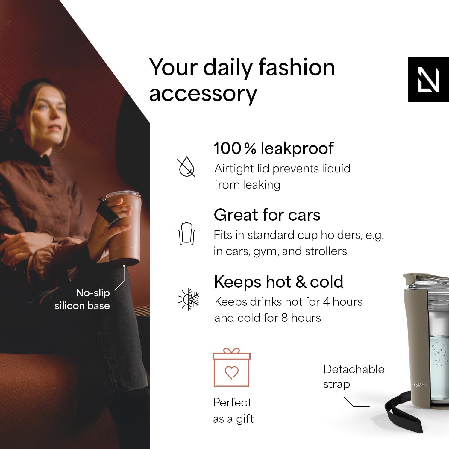 LARS NYSØM Thermo Coffee Mug to go with Strap 13oz | Travel Mug 0.38 Liter with Insulation | Leak Proof Stainless Steel Thermal Tumbler for Coffee and Tea to Go (Taupe Brown, 12.9oz) - Image 2