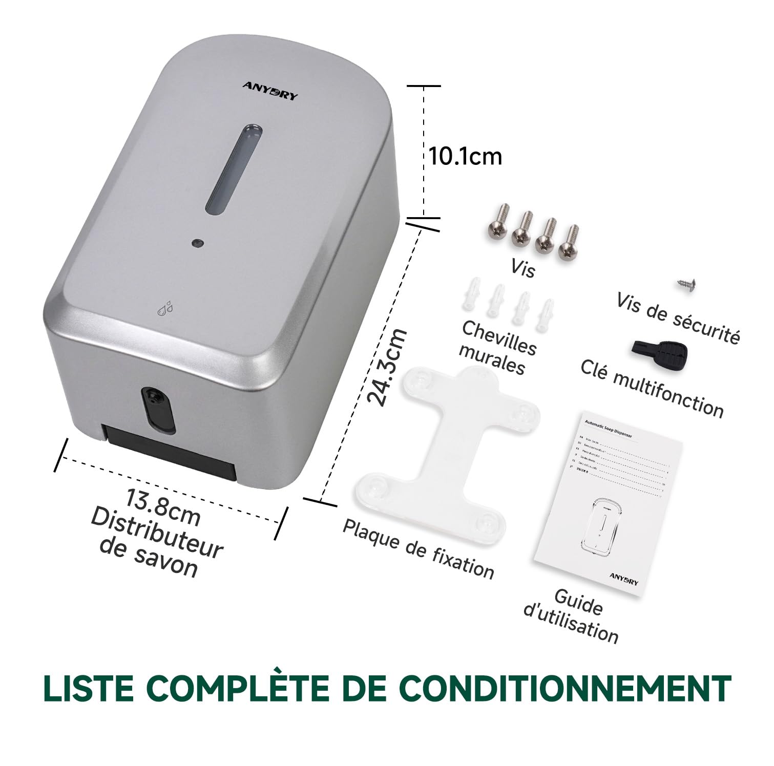 anydry Distributeur Automatique de Savon Liquide Professionnel de 1000 ML, à Montage Mural, sans Contact, pour Toilettes à Fort trafic, Bureaux, hôpitaux, modèle 1220S Argent