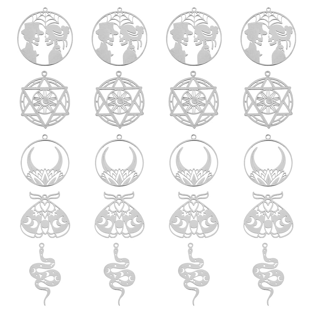 DICOSMETIC 20Pcs 5 Styles Divination Charms Hollow Star of David Pendants Snake and Beetle Charms Moon Star Charms Stainless Steel Laser Cut Pendants for Jewelry Making, Hole: 1.5~2mm
