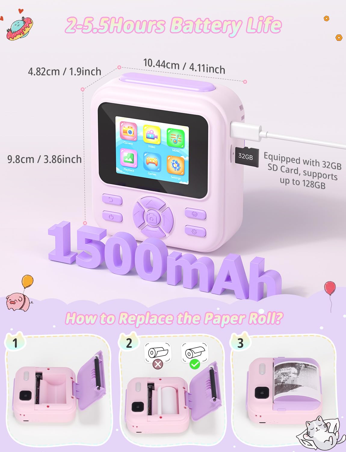 YOHOOLYO Aparat do natychmiastowego druku dla dzieci, cyfrowy aparat natychmiastowy 2,4 cala dla dzieci z kartą 32 GB i 3 rolkami papieru, cyfrowe zabawki wideo 1080P HD, prezenty urodzinowe dla