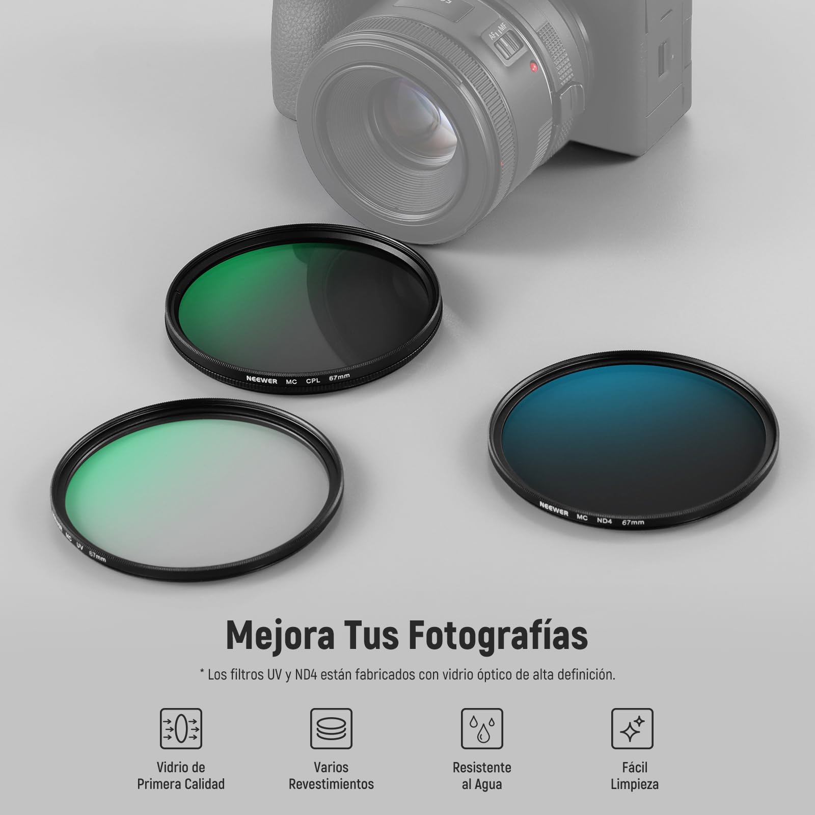 NEEWER Juego de filtros de Objetivo ND de 67 mm con Estuche de Almacenamiento, paño de Limpieza, UV CPL ND4, Cristal óptico multiprocesado, Marco de aleación de Aluminio, Filtro polarizado Circular