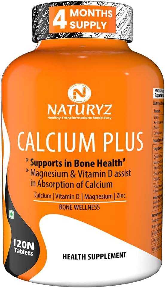 Naturyz Calcium Plus with Calcium Citrate, Vitamin D, Magnesium and Zinc Ideal Supplement for Bone Health & Joint Support of Men & Women - 120 Tablets