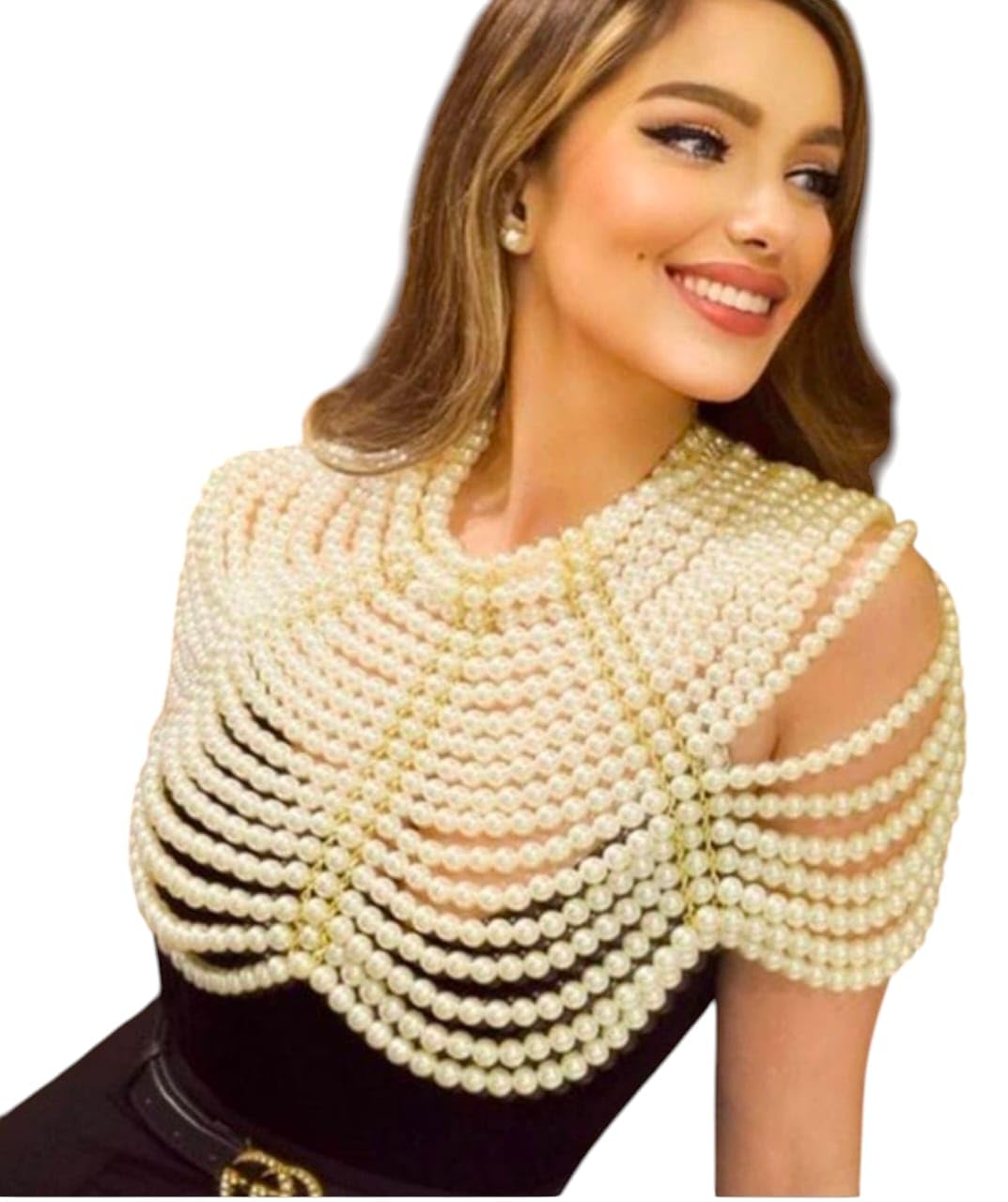 Pearl Beaded Cape, Cream White, Short Length 45 cm, Layered Design with 300 Synthetic Pearls, Formal-image-47