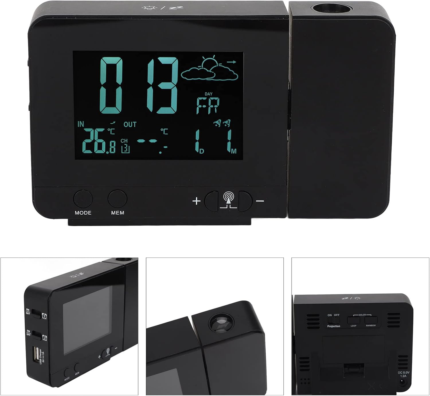 Projection Alarm Clock 8 Backlight Color Temperature Weather Display Snooze Function USB Alarm Clock 100‑240V(US Plug)