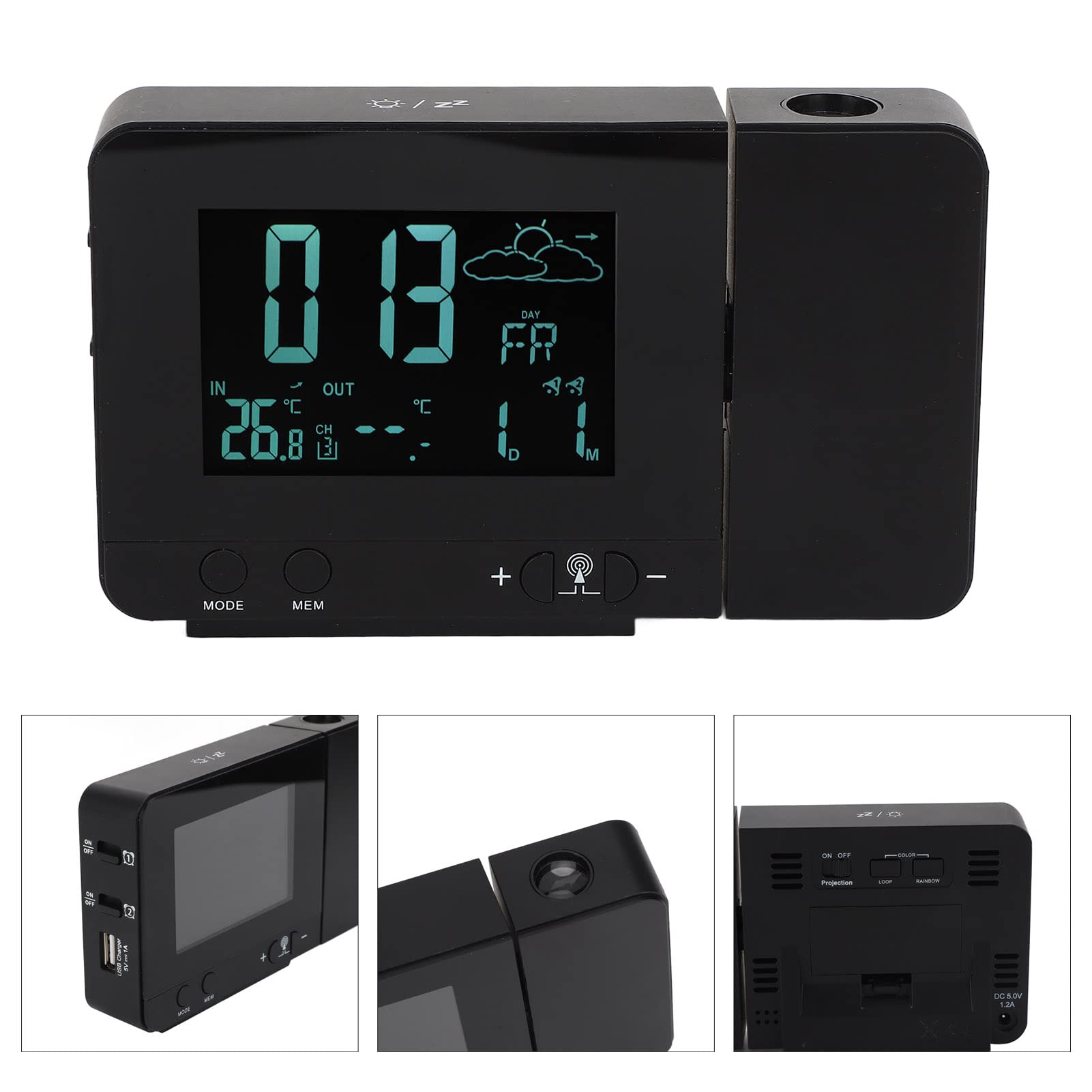 Zerodis Projektionswecker, Temperaturanzeige, 8 Farben mit Hintergrundbeleuchtung, Einstellbare Schlummerfunktion, USB-Wecker für Zuhause (EU-Stecker)