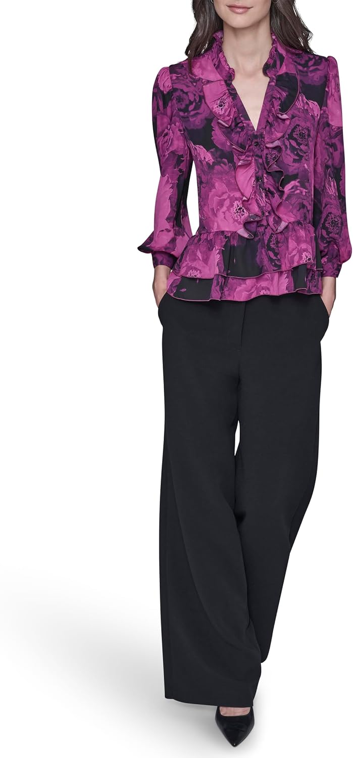 Karl Lagerfeld Womens Long Sleeve V-Neck Floral Printed Blouse - Image 2