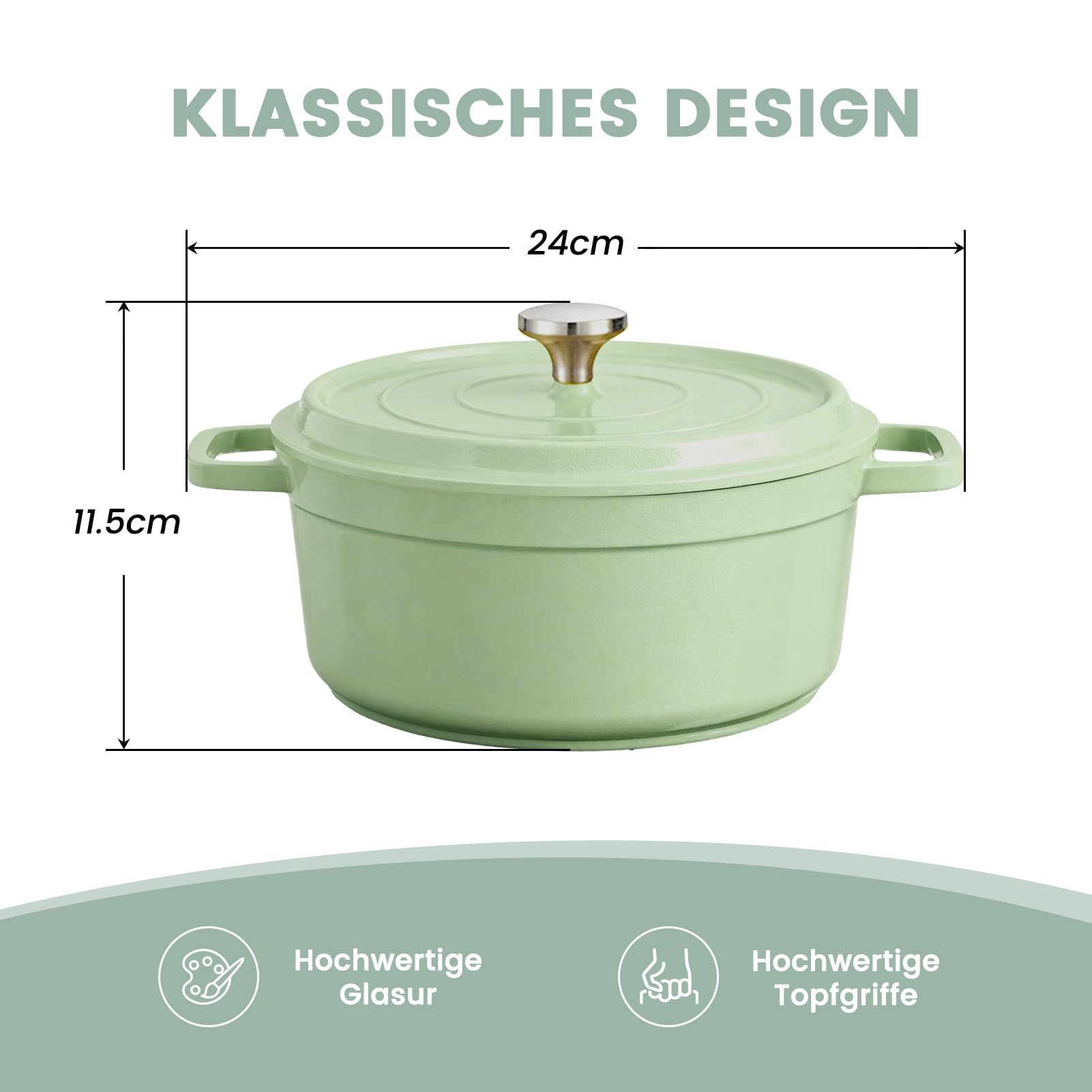 Pentola in ceramica smaltata in alluminio pressofuso, adatta al forno: padella antiaderente, facile da pulire, con coperchio per tutti i piani cottura (verde, 4,75 l)
