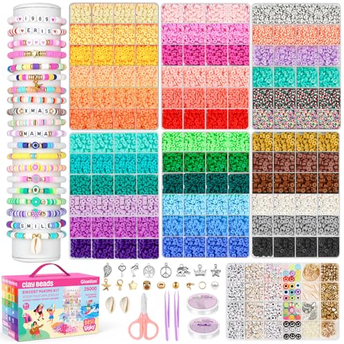 Image of Gionlion 25000 Pcs Clay Beads Bracelet Making Kit Abundant Single Color Heishi Beads, 7 Boxes Polymer Beads for Bracelets Jewelry Making kit with Charms, DIY Arts and Crafts Gifts