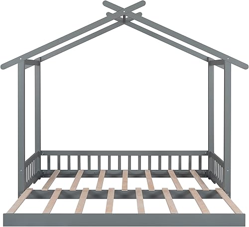 Miniatura 4 de Merax Sofá cama Montessori de madera individual a King con suelo nido, sofá cama extensible para niños y niñas, no necesita somier, gris