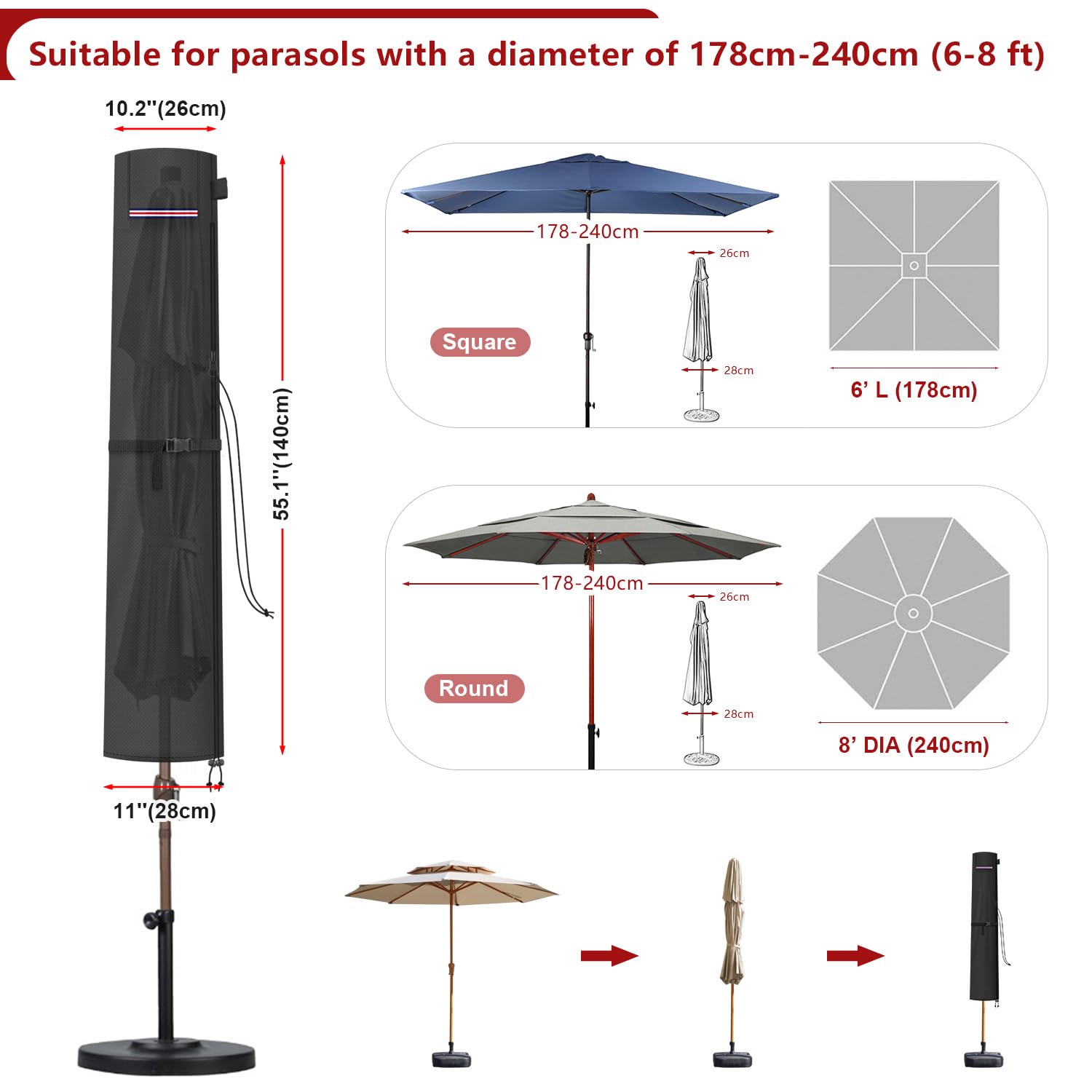 La housse LAMUNI pour parasol droit assure une protection complète contre les intempéries et les rayons UV.