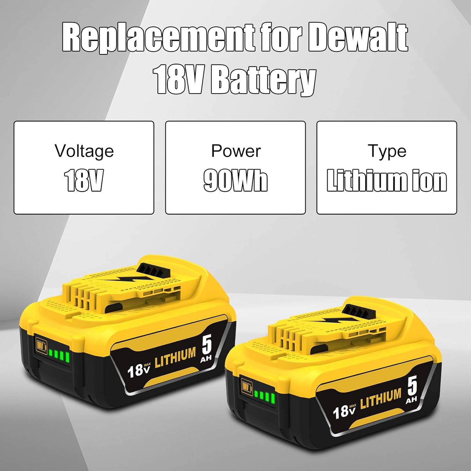 2 Piezas baterías de Repuesto de 18 V 5000 mAh para Dewalt DCB184, DCB183, DCB184B-XJ, DCB183-XJ, DCB182, DCB182-XJ, DCB181, DCB181-XJ, para Herramientas eléctricas con indicador LED