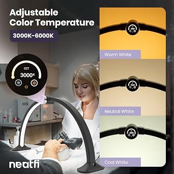 Neatfi LED Half Moon Desk Lamp | 3,360 Lumens | 48W | Adjustable 3000K6000K Lighting | Touch & Knob Control | Nail Tech Lamp for Estheticians, Eyelash, Makeup, Tattoo & Salon Work (Black-2)