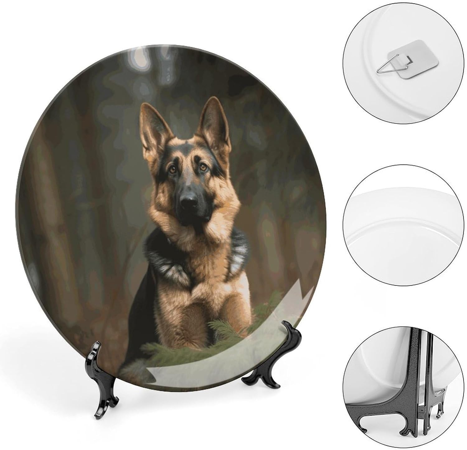German Shepherd Decorative Ceramic Plate Round Porcelain Plate Decor Personalized Bone China Decorative Plates Ceramic Ornaments Dessert Plates with Display Stand 8inch