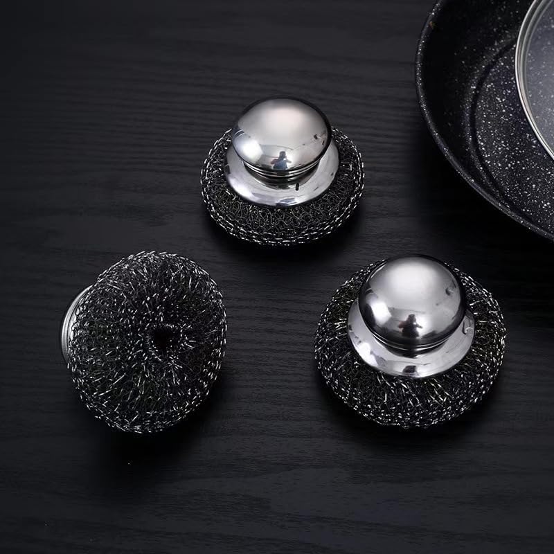 Steel Wool Scrubber with Handle, Stainless Steel Cleaning Pads for Dishes, Pots and Pans, Kitchen, Stoves, Grill, 10 Pack with 2 Handles
