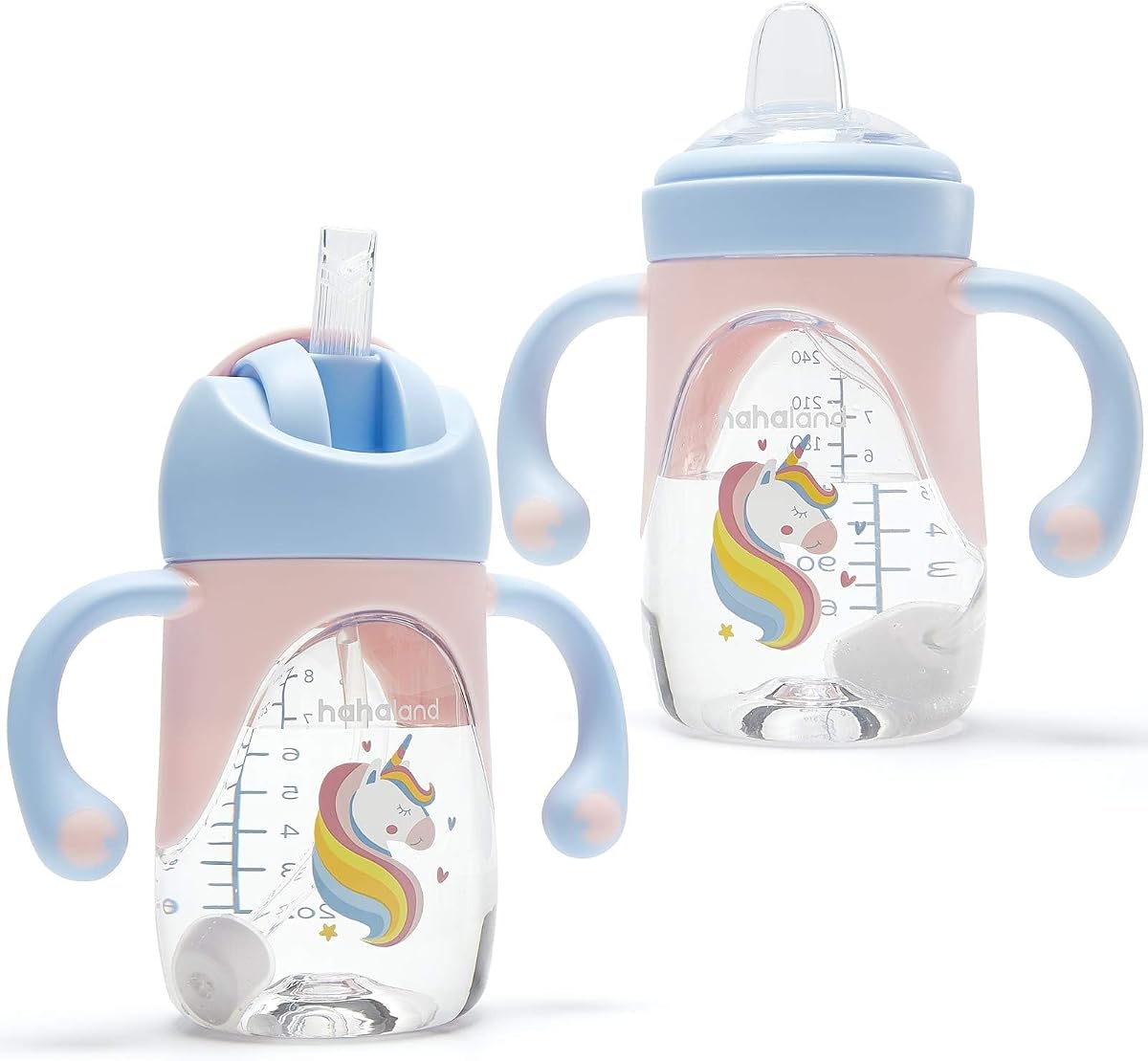 hahaland Sippy Cups for Toddlers 1-3 2-in-1 Unicorn Spout & Straw Sippy Cup | Sippy Cup for 6-12 Months, No Spill Transition Weighted Straw Cup (1 Cup with 2 Nipples) Baby First Christmas Gift