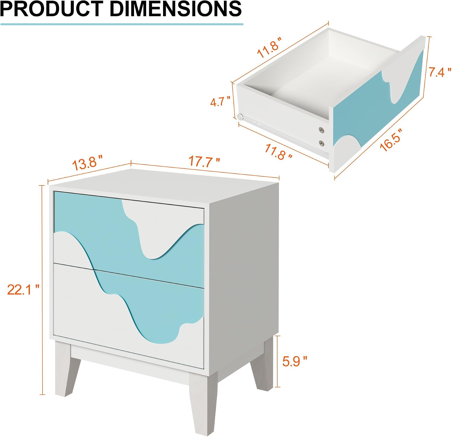 Anbuy Water Stream Night Stand Two Drawers Nightstand Bedside Table for Bedroom, Wood Accent Side End Table for Living Room White