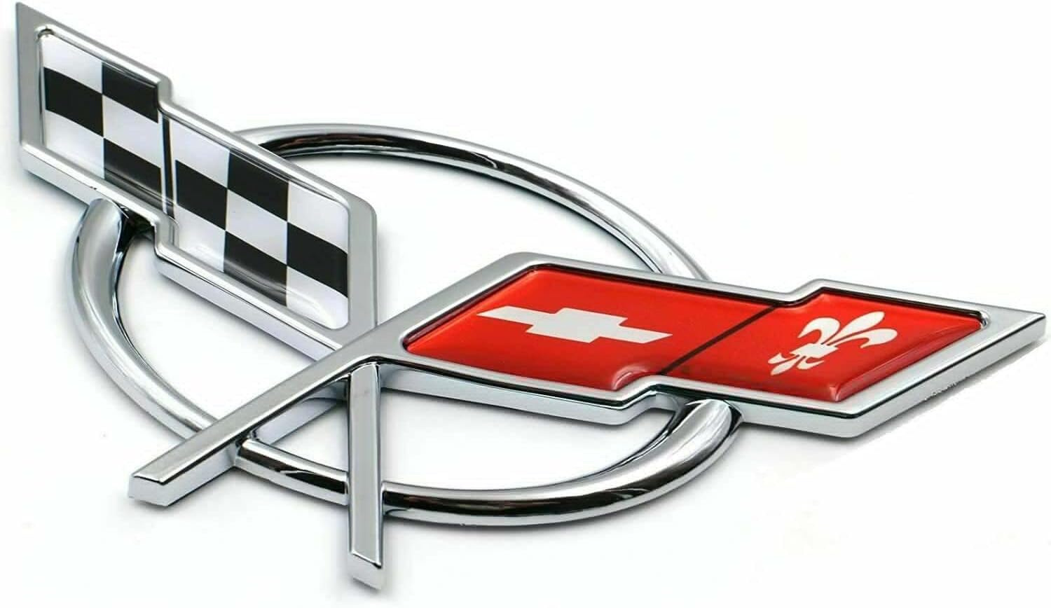 Pair Set 1997-2004 Corvette C5 Front Nose Emblem and Rear Deck Lid 3D Crossed Flags Badge Replacement for Corvette (Rear Deck Emblem Only(Chrome Red)
