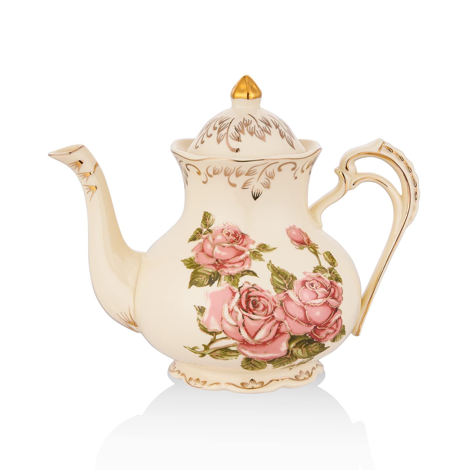 Bule de chá de cerâmica, 992 g/4 xícaras rosa marfim vintage bule de porcelana floral com
