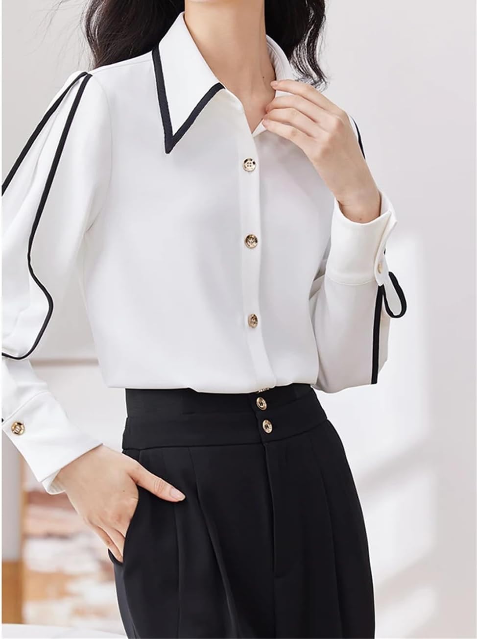 Button Down Shirts for Women Autumn Long Sleeve Straight Slim Blouse Contrast Tops