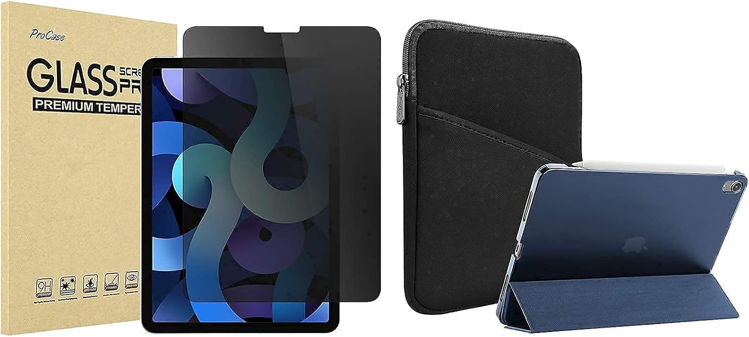 ProCase iPad Air 4 10.9 Inch 2020 / iPad Pro 11 2020 Privacy Screen Protector Bundle with iPad Air 4 Case 10.9 Inch 2020 with Tablet Sleeve Case