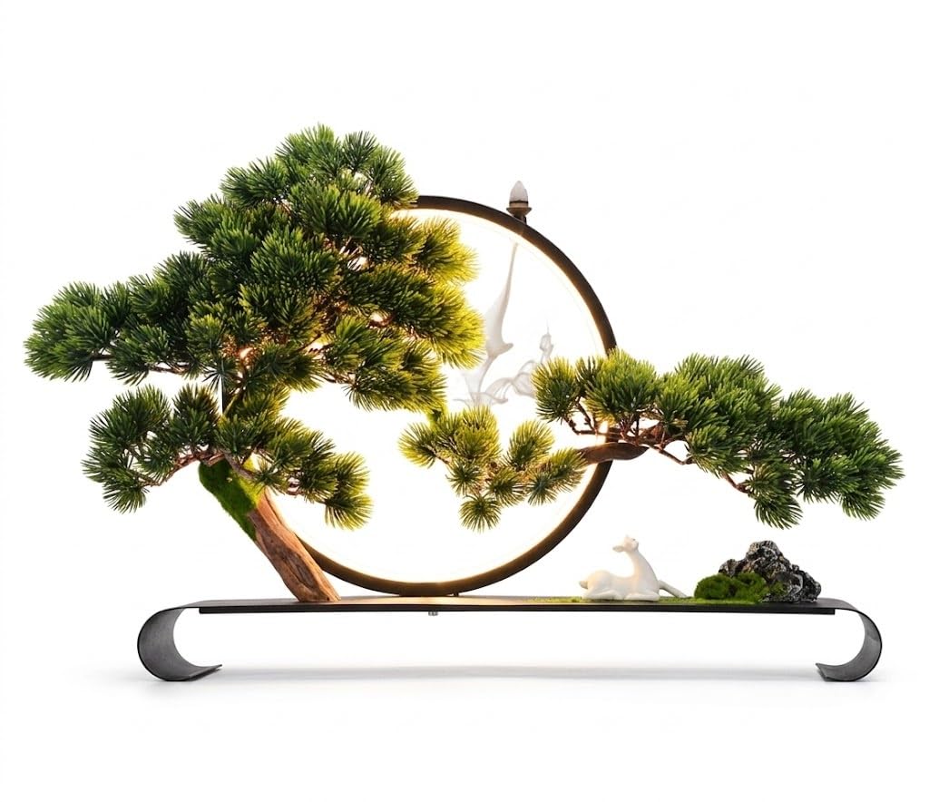 Artificial Bonsai Tree with LED Lamp Ring, Pine Tree Faux Realistic Simulation for table desk shelf bedroom and living room layout(Natural)