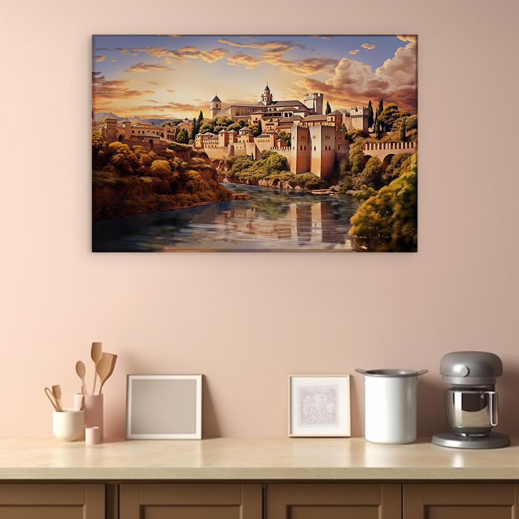 Canvas for Living room. Alhambra's Serene Splendor: A Riverbank City under a Lustrous Sky, 27 x 18 inch Canvas Wall Art - Contemporary Masterpieces - Modern Home Decor
