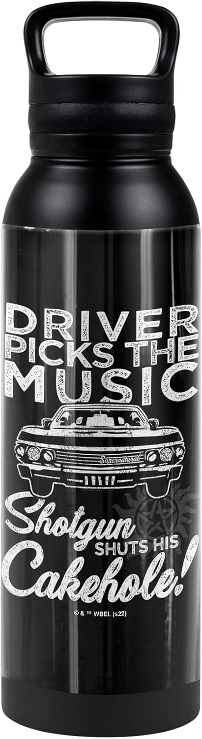 Supernatural OFFICIAL Driver Picks Music 24 oz Insulated Canteen Water Bottle, Leak Resistant, Vacuum Insulated Stainless Steel with Loop Cap, Black