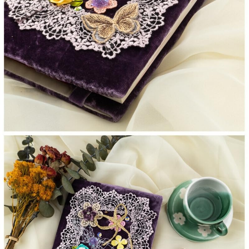 Ręcznie haftowany notatnik damski z fioletową koronką w linie, zakładka do łatwego przenoszenia, format A5A6, 180 stron A5 (22,3 x 15,5 x 2 cm)