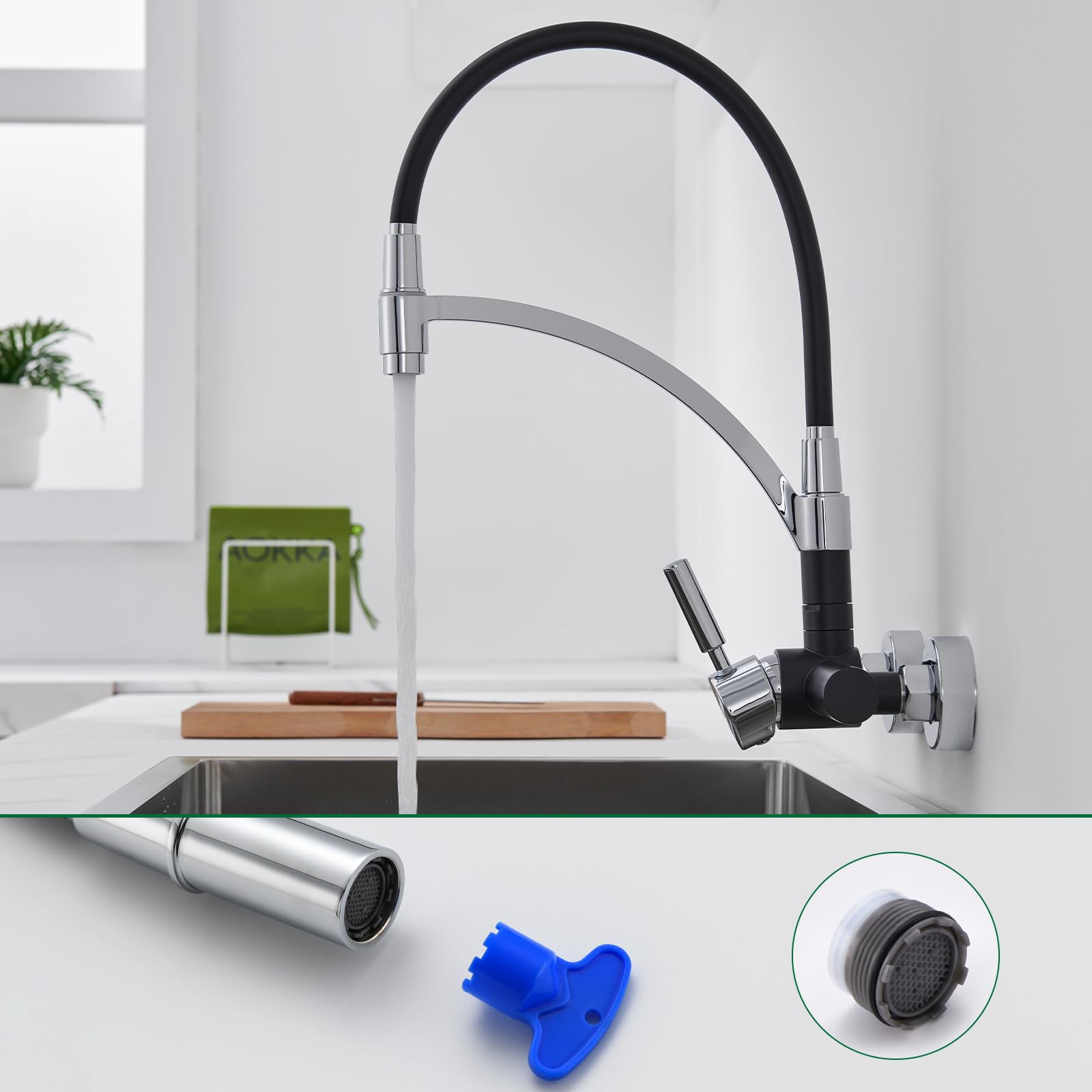 Grifo Cocina de Pared Flexible 15cm, Grifería Monomando Mural de Acero Inoxidable con Caño de Silicona Flexible 180° Giratorio, Torneira Cozinha para Fregadero, Aireador Extraíble, Negro
