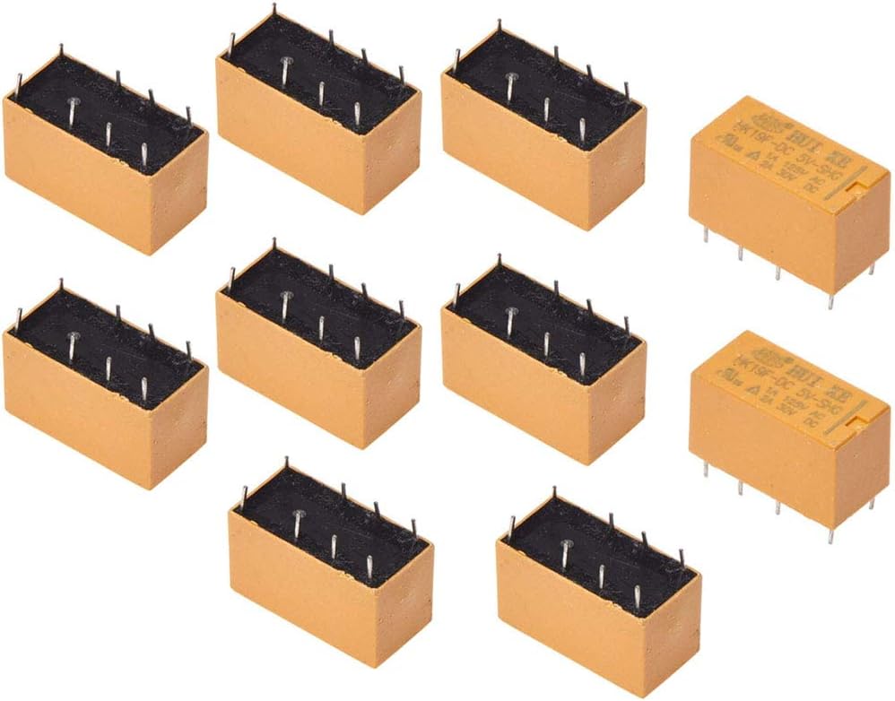 10Pcs Yellow PCB Mount DPDT Relay, HK19F, DC 5V, 2NO 2NC, AC 125V/1A DC 30V/2A