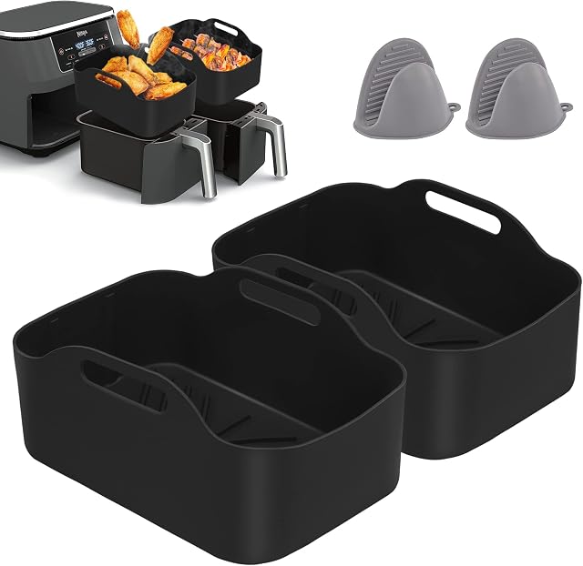 Pecoda 2022 Upgraded 2PCS Silicone Pot + 2PCS Gloves for Ninjas Dual Air Fryer, Silicone Air Fryer Liners Air Fryer Basket, Air Fryer Accessories for Oven, Microwave