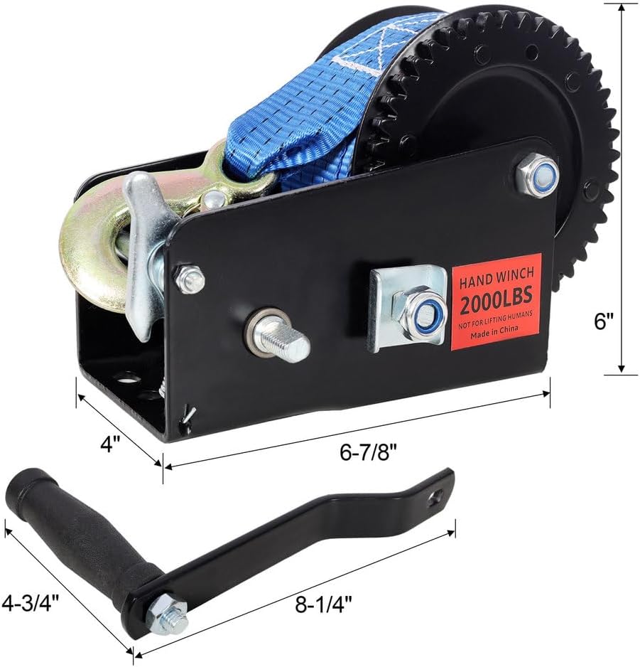 Hand Winch 2000 lb with 26 ft Blue Strap – 2-Speed Manual Crank Winch, Two-Way Ratchet, Portable Hand Winch for Boat Trailer ATV Towing