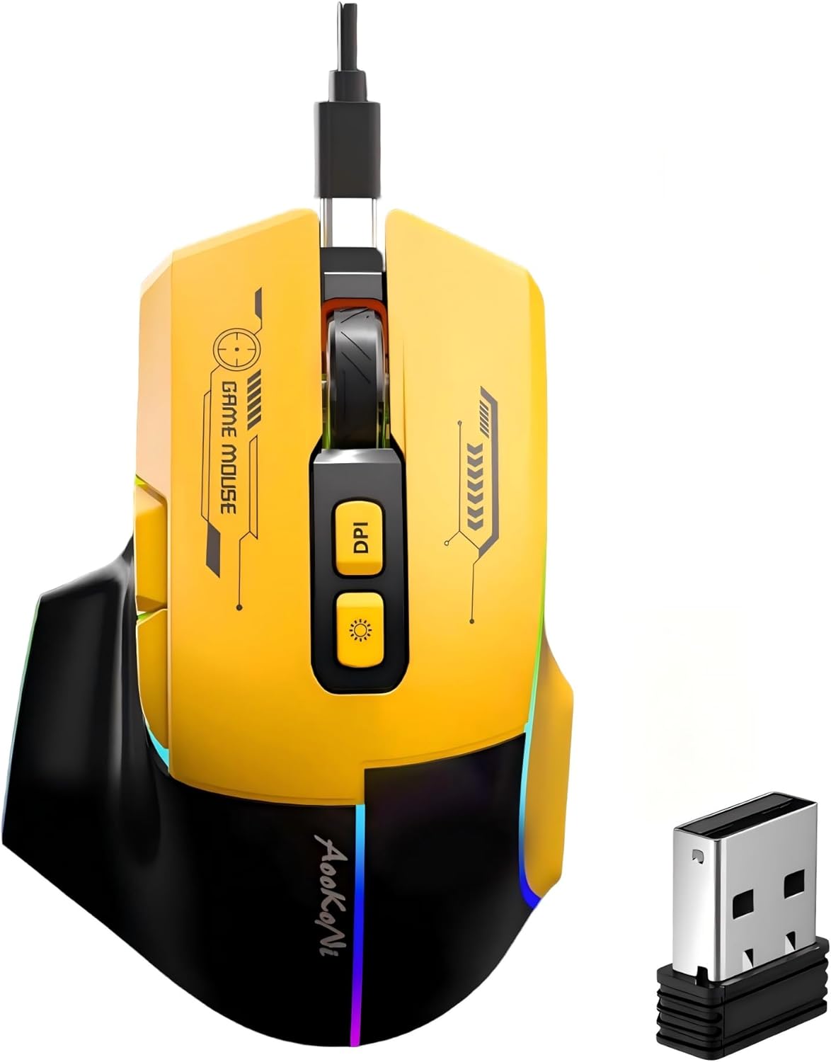 Wireless Ergonomic Mouse with 5 Adjustable DPI up to 7200 and RGB Lights, Compatible with Laptop and PC (Yellow)