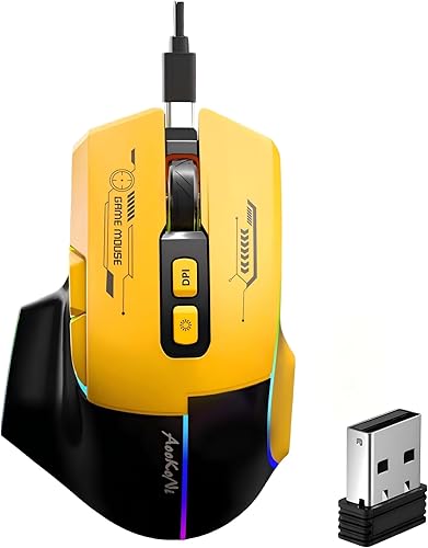 Mouse inalámbrico, mouse ergonómico con 5 DPI ajustables hasta 7200, luces de respiración RGB, compatible con laptop, Chromebook, PC, escritorio,
